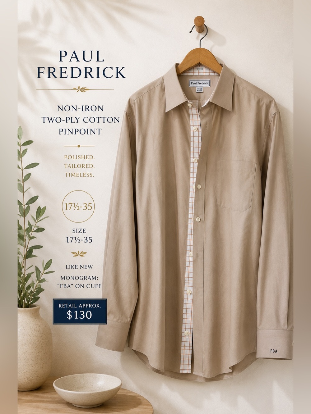 Paul Fredrick Non-Iron Two-Ply Cotton Pinpoint Dress Shirt 17.5 35 Tan